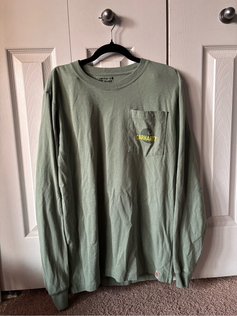 Carhartt Men's Long Sleeve Pocket Tee in Sage Green with Yellow Logo